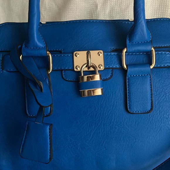 Blue satchel purse with detachable cross body strap - Picture 3 of 16
